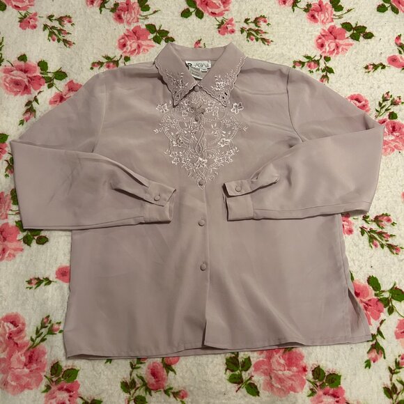 1990s satin light mauve floral embroidered collar scalloped edge button up blous - Picture 9 of 13